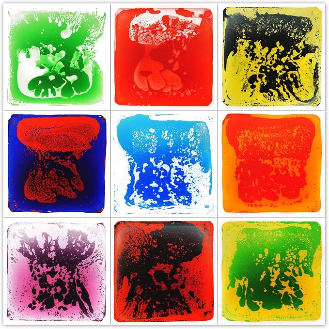 LONGKING 9 Pack 12" X 12" Sensory Tiles for Activity Play Centers for Children, Sensory Floor Tiles, Liquid Floor Tiles, Autism Sensory Poducts | Sensory floor tiles, soft liquid gel, 12"x12", color movement play mat, playroom classroom daycare, 9-pack