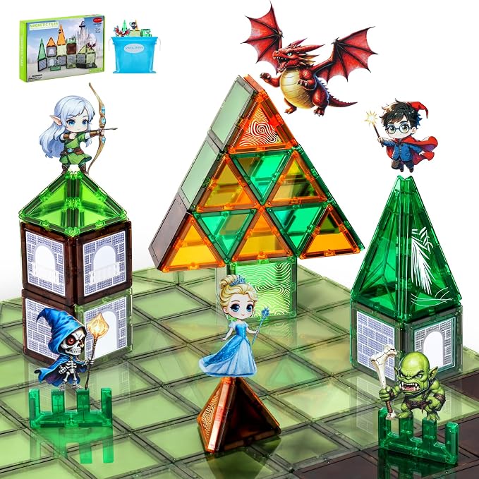Dragon & Princess Magnetic Tiles for Kids 5-8 – Fantasy World Building Blocks with Monster, Wizard, Elf, Skeleton, STEM Toy for Boys & Girls, Christmas Birthday Gift
