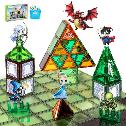 Dragon & Princess Magnetic Tiles for Kids 5-8 – Fantasy World Building Blocks with Monster, Wizard, Elf, Skeleton, STEM Toy for Boys & Girls, Christmas Birthday Gift