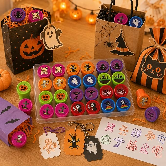 Cinrobiye 24 Pcs Halloween Stampers Party Favor Set, Cute Trick or Treat Stamps for Kids Halloween Party, Classroom Rewards, Halloween Goody Bag Fillers, Spooky Party Supplies