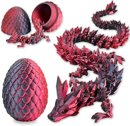 12" 3D Printed Dragon Eggs with Dragon, Articulated 3D Fidget Toys for Kids | Crystal 3D Dragon Toys for Boys Girls, Small 3d Printed Animals, Dino Dinosaur Eggs Toys, Easter Basket Stuffers（Black Red）