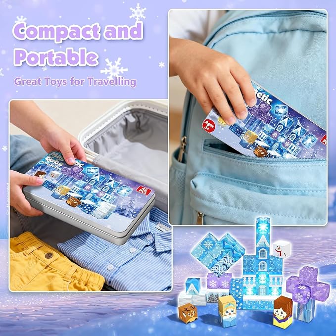 Magnetic Blocks - 45Pcs 0.8in Travel Toys Transparent Magnetic Building Block with Magnetic Tin Box for Kids, Light Up Magnet Block Blue Princess, Princess Toy for Girl 3+ Christmas Birthday Gift