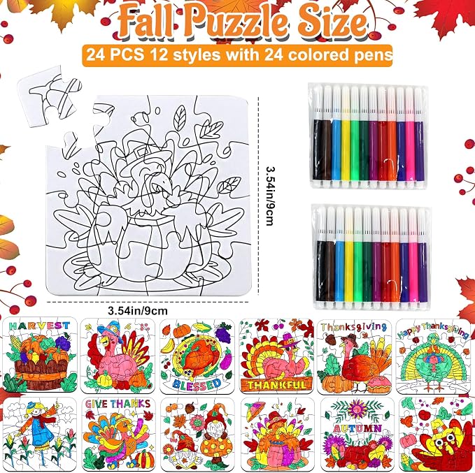 Fall Thanksgiving Crafts for Kids, Autumn Activity Art DIY Kit Blank Puzzle | 24 Set Thanksgiving Jigsaw Pumpkin Turkey for Friendsgiving Party Favors Classroom Gift Coloring Game Toy Supplies Bulk