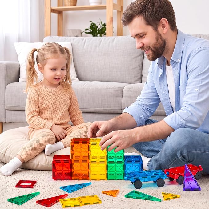 Gemmicc Magnetic Tiles, Deluxe 136 PCS Building Blocks Magnet Toys for Kids,3D Magnet Puzzles Stacking Blocks for Boys Girls,Huge Set with 2 Cars