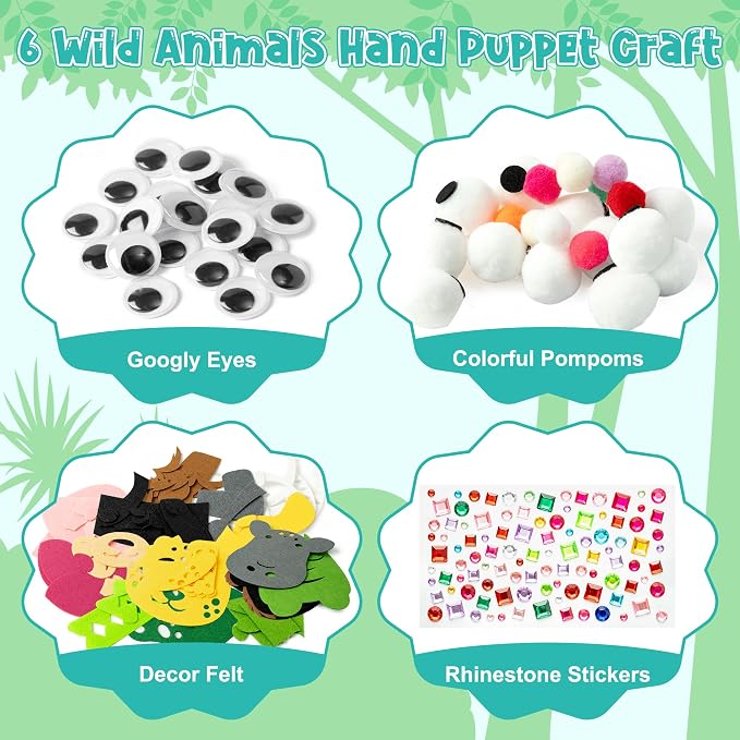 WATINC Hand Puppet Making Kit, Felt Sock Puppet Toys for Kids (Wild B) | 6 Styles, Make Your Own Storytelling & Role Play Crafts, Creative Group Activity, Party Favors & Gifts for Kids Ages 4-8
