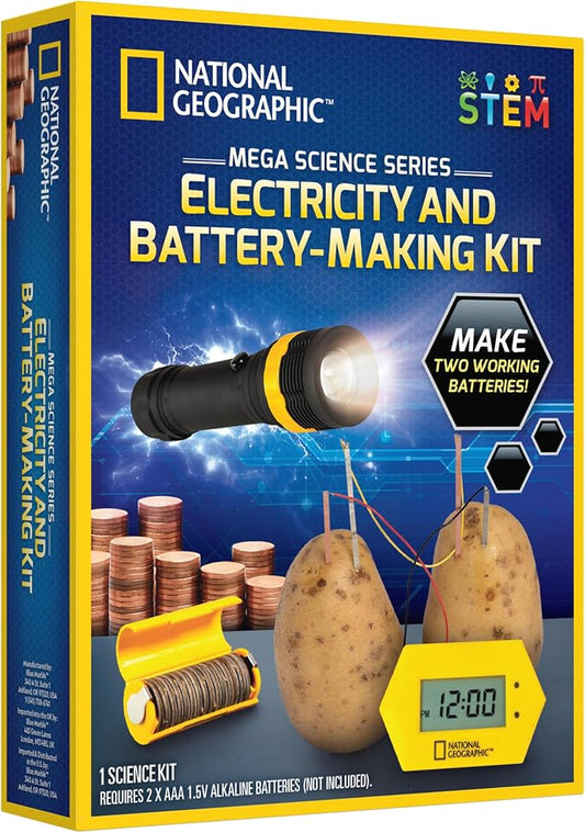 National Geographic Battery Making Science Kit with 2 STEM Projects | Potato Clock, Penny-Powered Flashlight, Electricity Experiments, Circuit Learning, Hands-On STEM Toy, Birthday Gift