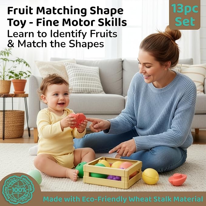 Shape Sorter Color Matching Montessori Toys for Babies & Toddlers, Set of 3 | Baby Shape Sorting Cube, Color Matching Fruit & Cupcake Toy, 18 Months+ Learning Toys, 2025 Model, Eco-Friendly Wheat Straw