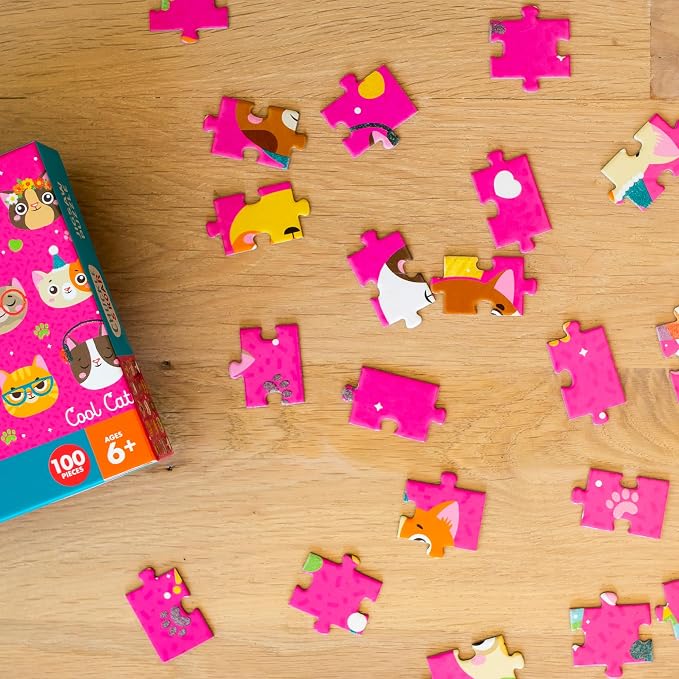 Chuckle & Roar Cool Cats, 100 Pc Jigsaw Puzzle, Puzzles for Kids Ages 6-8 | Glitter Accents, Poster Reference Guide, 11 x 15 in Finished Size, Fine Motor Skills, 100 Piece Puzzles for Kids Ages 6-8