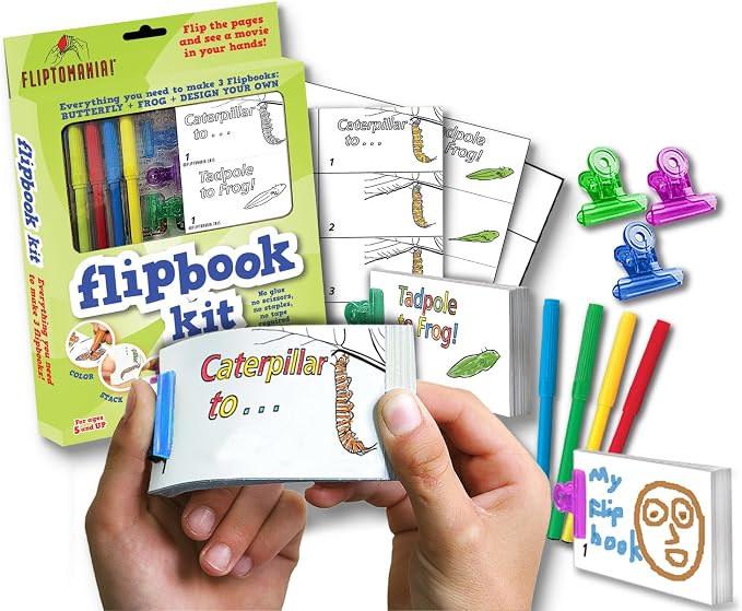 Fliptomania Flipbook Make-Your-Own Flip Book Kit for Kids 3 Pack, Butterfly, Frog, & Blank DIY Flipbook Paper, Drawing Kids Arts & Crafts Project Set, Boys and Girls Arts and Crafts for Kids Ages 8-12