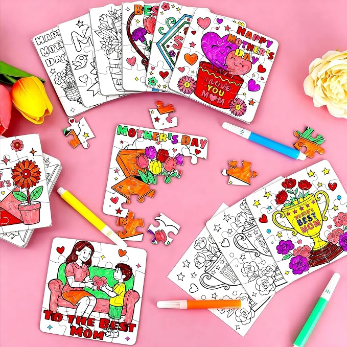 24 Set Mothers Day Crafts for Kids & Adults Classroom Bulk, Mother's Day Activities DIY Jigsaw Puzzle with Flower Bouquet Heart, Spring April Arts for School Gifts Coloring Games & Paper Toy Bulk
