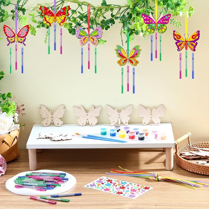 JellyArch 30 Pack Butterfly Wind Chime Kit, DIY Wooden Craft Paints | Includes Colorful Bells Tubes Stickers Brushes, Spring Butterfly Crafts Activity for Adults Birthday Party Decoration