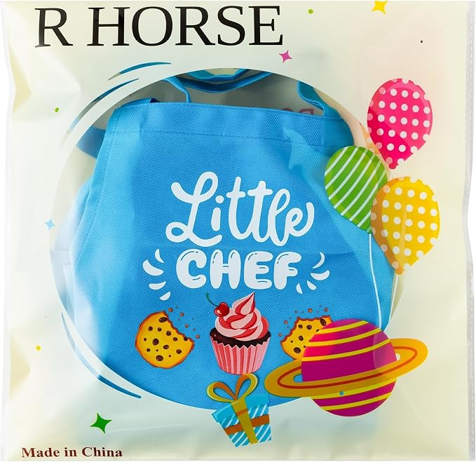 R HORSE 2 Pieces Kid Apron and Chef Hat Set, Dress up Role Play Chef Toy | Small Size, Adjustable, Little Chef Blue Kitchen Apron, Ideal for Cooking, Baking, Painting, Kid Funny Birthday Cooking Gift