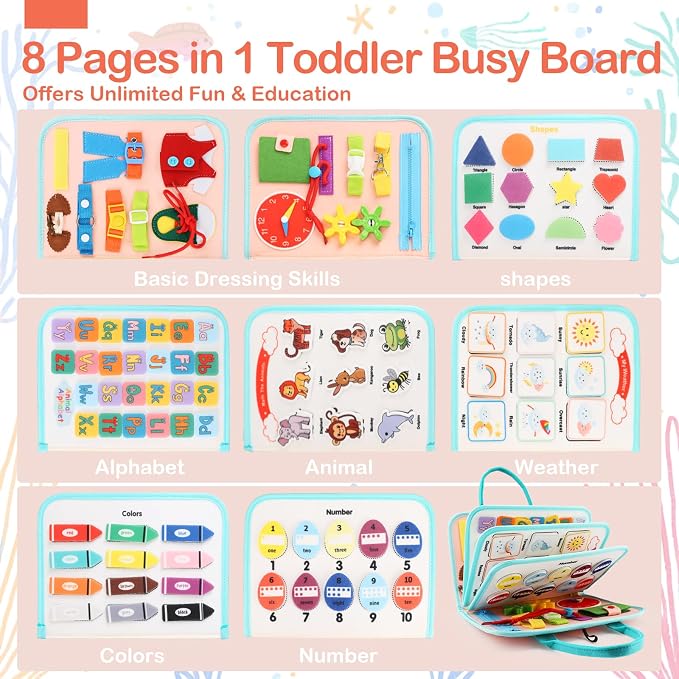 Teefrye Toddlers Busy Board Montessori Toys for Old 1-3 Year Girl Busy Book | Educational Activity Board Sensory Travel Toy Ages 2-4 Birthday Gift Learning Fine Motor Skills Toy Quiet Book juguetes niñas