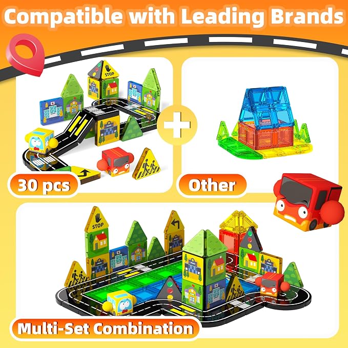 GobiDex Mini Magnetic Tiles Road Set with 2 Cars for Kids Ages 3+ | Travel Magnetic Building Blocks, STEM Educational Sensory Preschool Toys, Birthday Gifts for Boys & Girls Toys Age 4-6 6-8