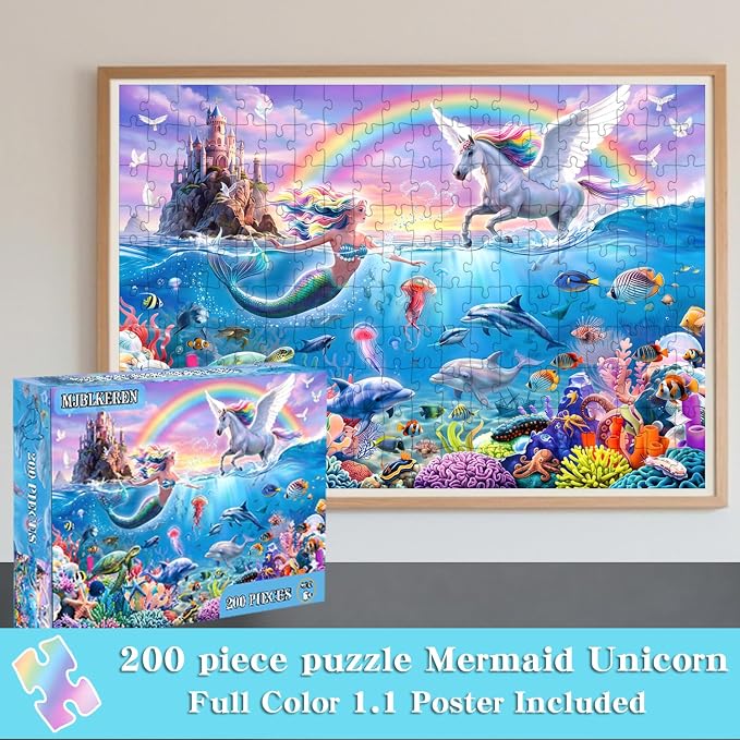 Puzzles for Kids Ages 6-8 8-10 - 200 Piece Puzzles Mermaid Unicorn Puzzle | 200 Piece for Learning Educational Puzzles .Puzzles for 6 7 8 9 10 11 12 years old boys and girls.Learning Puzzle Toy