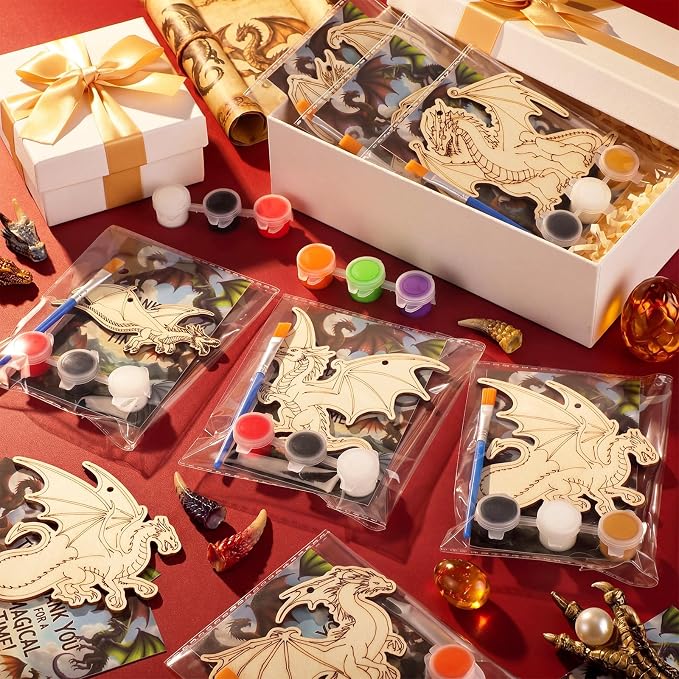 Saypacck 24 Pcs Party Favors Wooden Painting Craft Kits Birthday Party Supplies with Organza Bag for Goodie Bags Fillers Adult Thank You Gifts(Dragon)