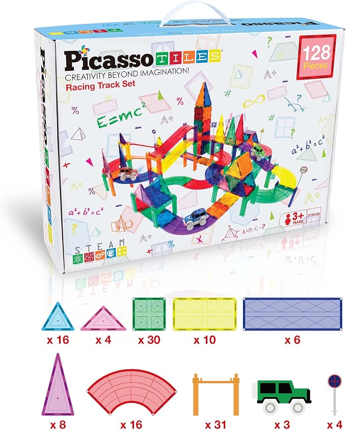 PicassoTiles 128pcs Magnetic Race Car Track Building Block Educational Toy Set Tiles Magnet Playset 3 LED Car STEM Learning Construction Kit Fine Motor Skill Training Brain Development for Kids Age3+ | 3 Light-up LED car fun, multi-level slope design, ...
