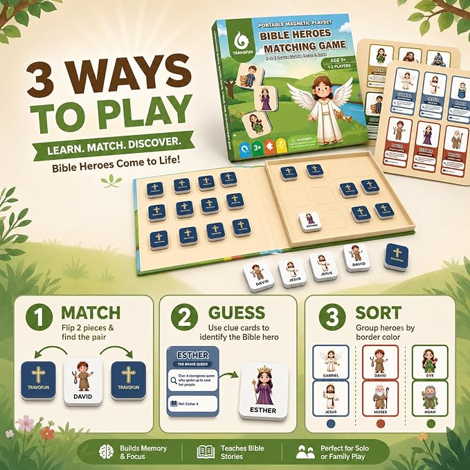 Travofun Magnetic Bible Matching Game, Memory & Clue Cards, Ages 4-8 | Magnetic memory matching with Bible character clue cards for church, Sunday school, family learning and travel.