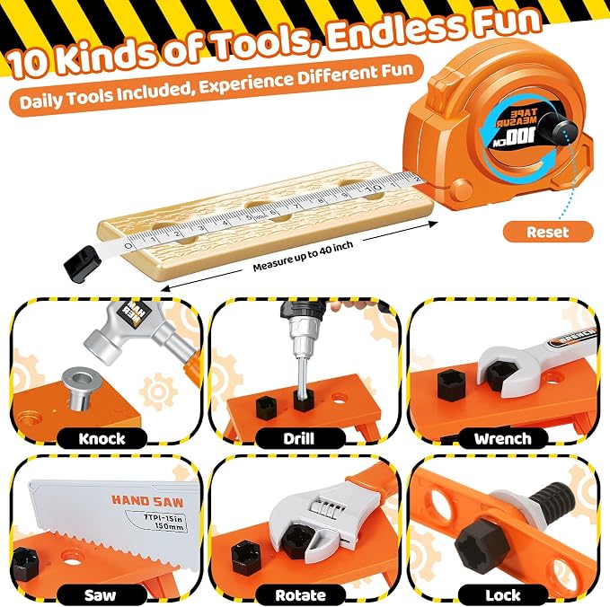 Kids Tool Set, Toddler Tool Box, Toy Drill, Construction Toys for Ages 3-5 | 46 Pcs Kids Toy Tools Kits for Toddlers Pretend Role Play, Christmas Birthday Gifts for Boys Girls Ages 3 4 5 6 7 8, Orange