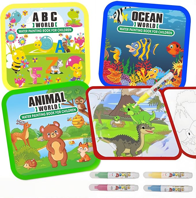 Bresdim Water Coloring Book, 4 Pack Water Painting Books for Toddlers 1-3 | Reusable Fairy Tale Animal Mess Free Coloring Book with Water Pen, Magic Paint with Water Book Travel Toy for Kid 3–6