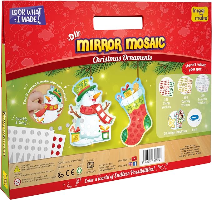 Imagimake Mirror Mosaic - Christmas, 10 Templates, Foil Stickers | DIY Holiday Craft Activity for Kids, Screen-Free Creative Play, Christmas Gift for Girls & Boys Ages 3,4,5,6,7,8 Years Old