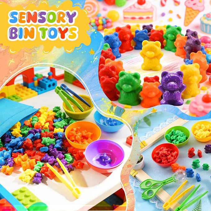 Bbiamsleep Rainbow Counting Bears, 105 Pcs Sorting Bears with Matching Cups | Color Sorting Bear Counters Fine Motor Skills Sensory Bin Tools Light Table Manipulatives for Sorting Counting Training