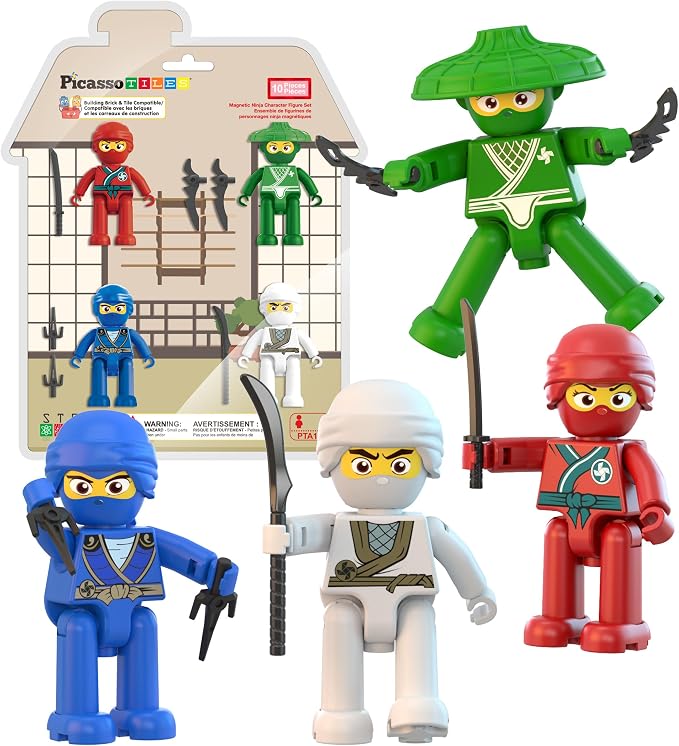 PicassoTiles Ninja Action Characters for Magnetic Tiles Building Block Toy Sets Accessory Add On Kit for Magnet Tile Playsets for Toddlers Boys Girls Ages 3+ Pretend Play STEM Educational Toys PTA14