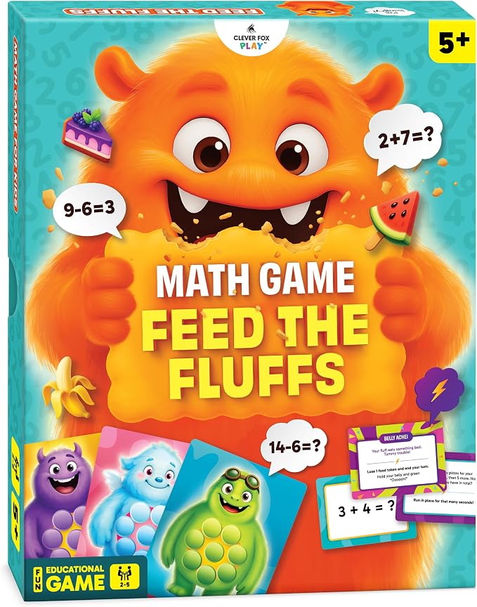 Feed the Fluffs Math Game for Kids 5-7, Addition & Subtraction Learning | Early addition & subtraction practice for kids ages 5 6 7, family, school, homeschool, educational gift, board & card game