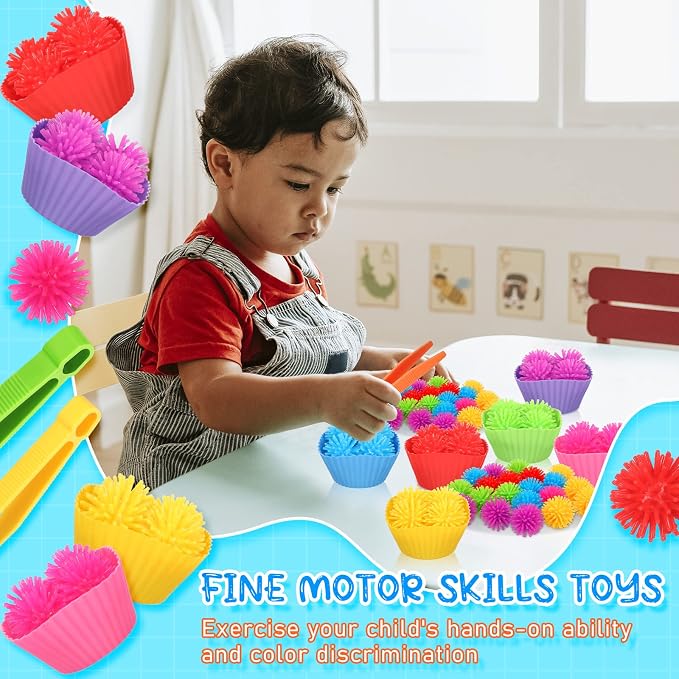 Leitee 90 Pcs Fine Motor Skills Counting Sorting Sensory Bin Filler Toy Set Matching Game Include 72 Hedge Ball 4 Tweezer 2 Scissor Clip 12 Sorting Cup for Preschool Education Train Development
