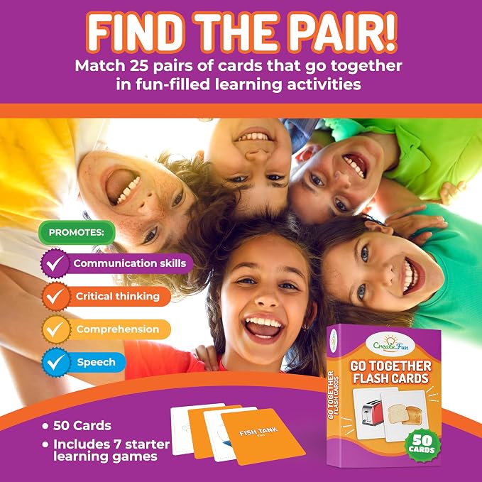 CreateFun Go Together Flash Cards, 50 Real Matching Picture Cards, 25 Pairs | Cognitive tool - Kids,Adults,Speech therapy,ESL,Autism learning,Dementia activities,Memory,Language Development & Classroom
