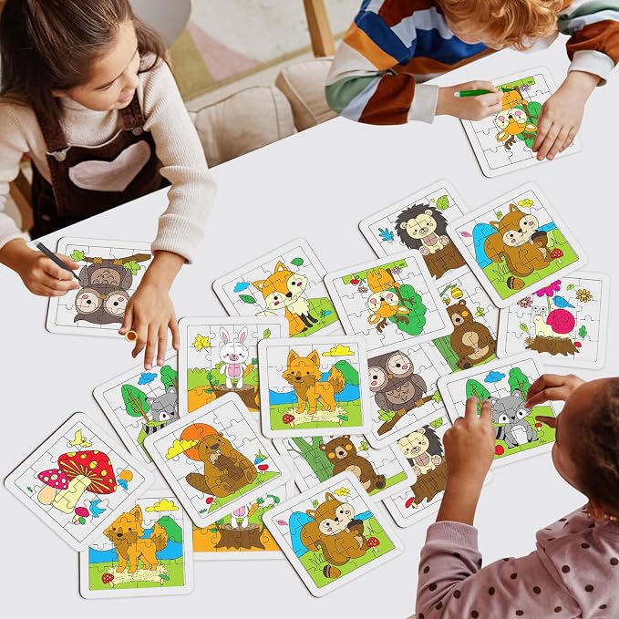 Cinrobiye 24 PCS Woodland Animal Coloring Jigsaw Craft Kit for Kids, DIY Forest Creature Activity Set Bulk with 12 Designs, Wildlife Birthday Party Favors, Classroom Art Projects