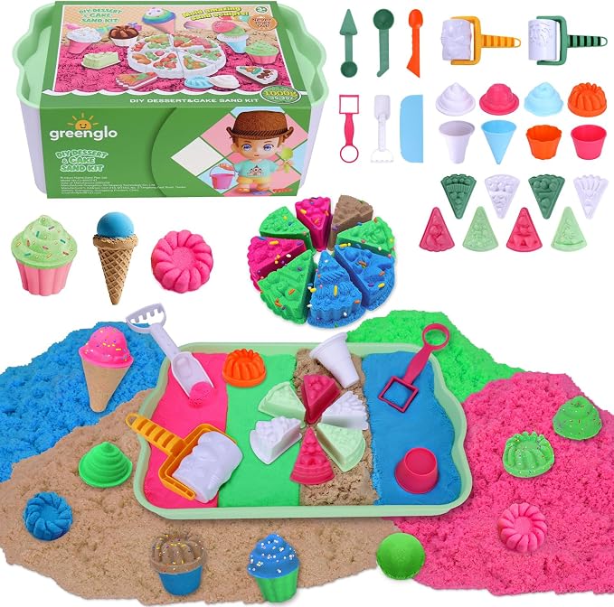 greenglo Kids Sensory Sand Playset - 2.2 LBS Colored Sand (1* Soft Magic, 3* Firm Modeling) with 23 Cake & Dessert Molds w Sensory Bin, Educational Sand Kit for Toddlers & Kids Ages 3-8