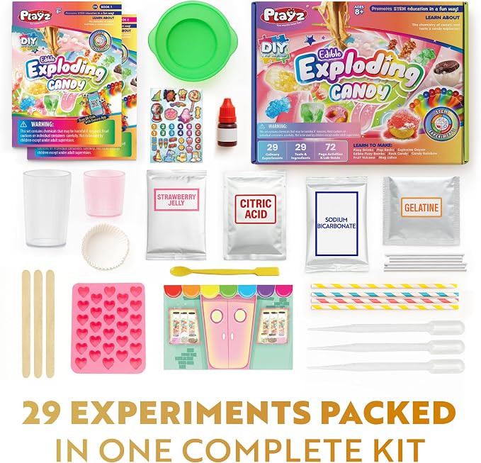 Playz Edible Exploding Candy Making Kit for Kids Age 8-12, 29+ Fun Science | Experiments kit DIY Explosive Chemistry kit for kids Rock, Gummy Chocolate, hard candy maker STEM Toys/gift for Girls & Boys