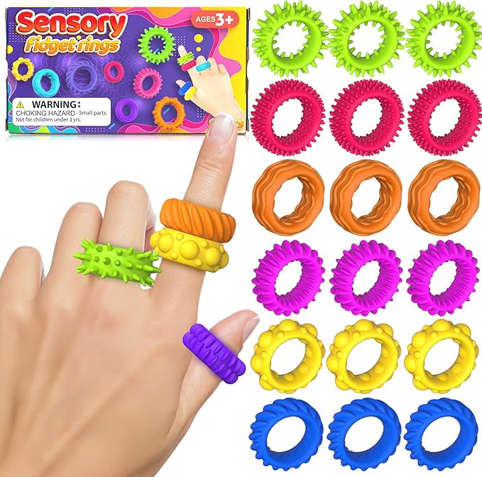 Fidget Toys Sensory Rings for Kids: Quiet Textured Ring 18 Pack - Sensory Toys for Kids with Autism - Calming Corner Bulk Fidgets for Classroom Prize - Party Favors Goodie Bag Fillers