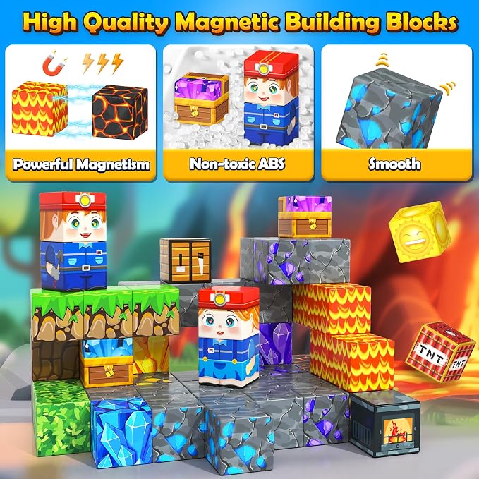 Magnetic Blocks Travel Toys with Iron Box Preschool Educational Kids Toys | Portable Travel Essentials Learning Outdoor Building Cubes 40PCS STEM Birthday Gifts for Boys & Girls Ages 3+