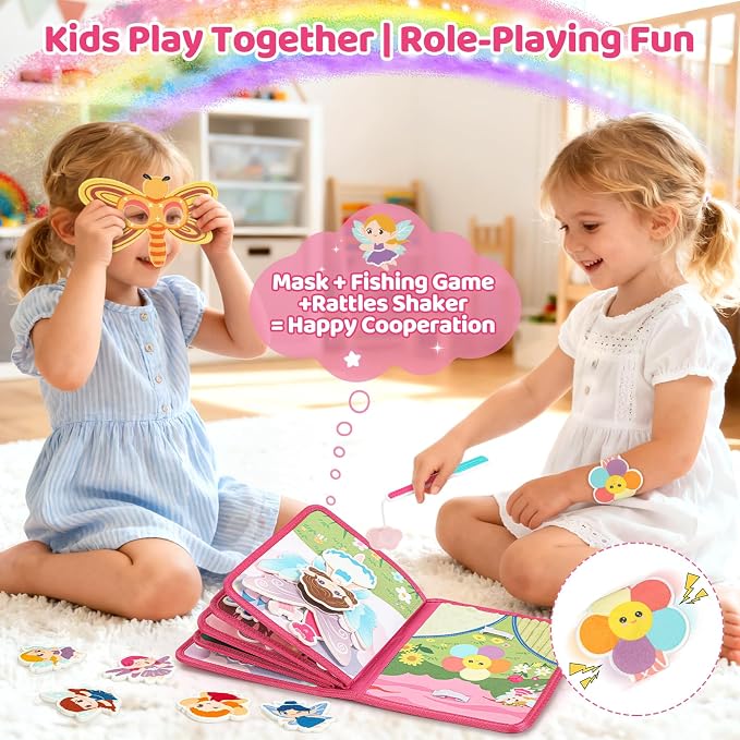 22 in 1 Busy Book for Toddlers 1-3, Sprite Montessori Toys for 1 Year Old with Fishing Game, Soft Sensory Toddler Busy Board, Airplane Travel Toys, Birthday Gifts for 1 2 Year 18 month Old Girl
