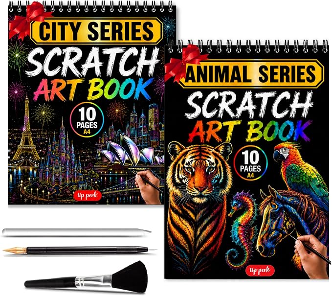 2-Pack Animals & City Scratch Art Book for Adults | Colorful Animal Series, Scratch Painting Foil Art, Scratch and Sketch, Animal & City Series