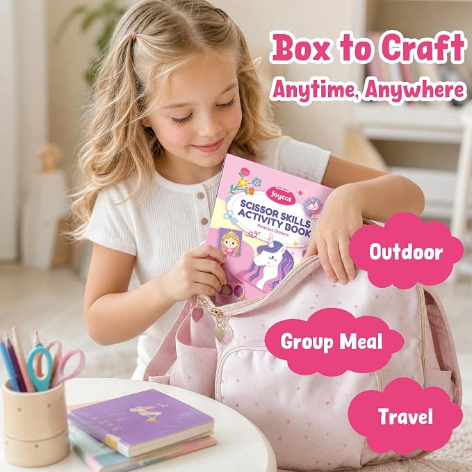 JoyCat Scissor Skills Activity Kit, Toddler Scissors Ages 3-5, Princess | Preschool workbook with 34 princess activities, scissors for kids and glue for creative toddler arts and crafts.