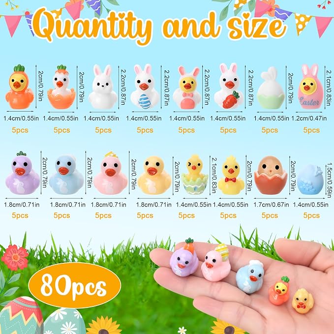 80 Pack Easter Ducks Toy Figures, Novelty Rabbit Dress up Duck | Tiny Ducks to Hide, Easter Bunny Party Favor Gift Decoration (16 Styles)