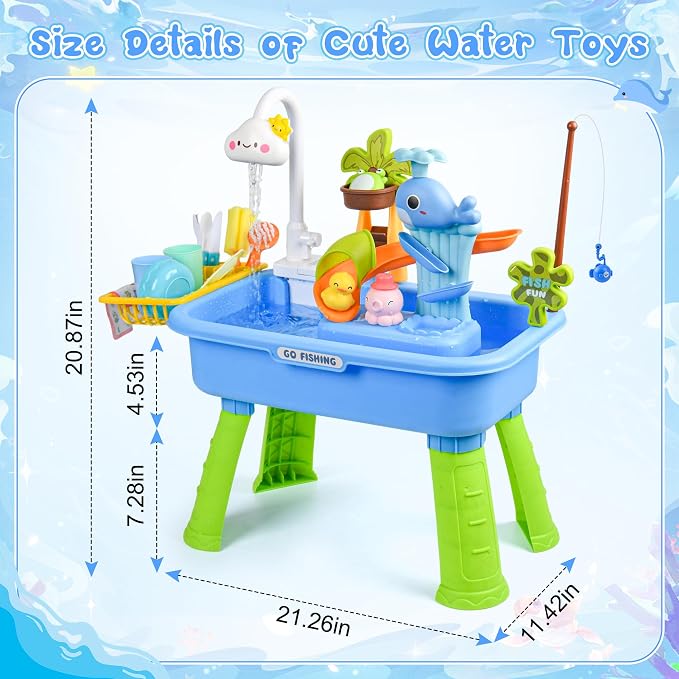 Upgraded 4-in-1 Sand Water Table for Toddlers 1-3, Kids Sensory Table with Electric Water Pump & Cloud Faucet, Play Kitchen Sink with Food Accessories, Fishing Toy ‒ Adjustable Height (Blue)