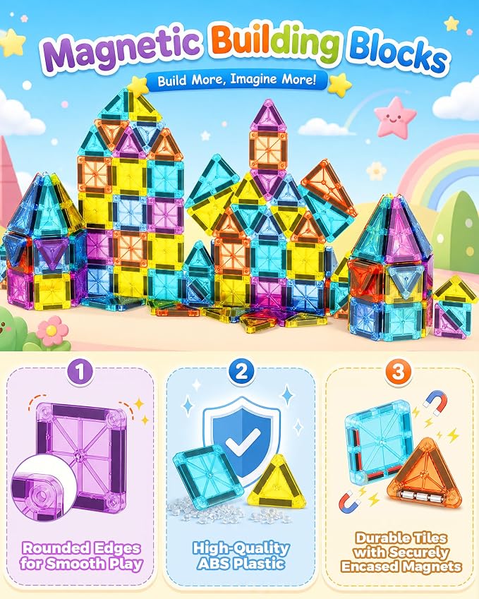 50 Piece Magnetic Tiles for Kids, STEM Toys Building Set, Age 3+ | Mini Magnetic Building Toys, Construction Magnetic Tiles Building Block, Ideal Gift for Boys Girls for Christmas Birthday
