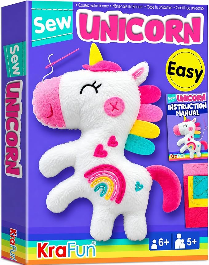 KRAFUN Unicorn Sewing Kit for Kids Ages 8-12 | No Scissors | Pre-cut & pre-punched felt, no glue needed. Child-safe needle. Sew your own unicorn plush. Beginner craft gift for girls