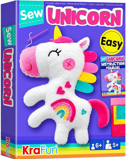 KRAFUN Unicorn Sewing Kit for Kids Ages 8-12 | No Scissors | Pre-cut & pre-punched felt, no glue needed. Child-safe needle. Sew your own unicorn plush. Beginner craft gift for girls