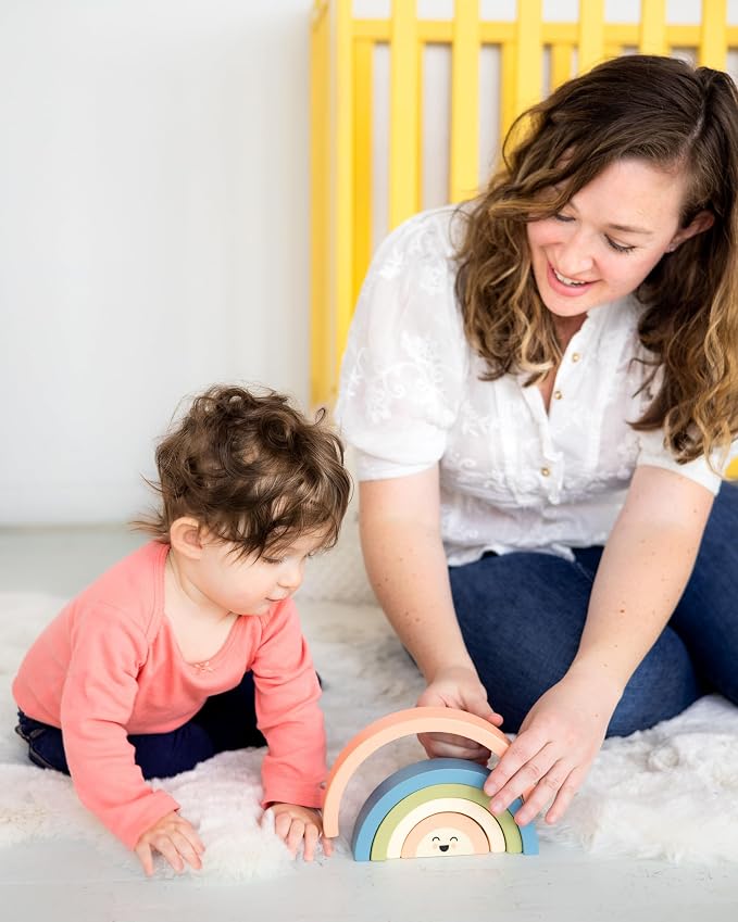 Pearhead Wooden Arch Rainbow Stacking Toy, Montessori Baby Stacker | Neutral Rainbow Arches, Sorting And Balancing Play, Fine Motor Practice, Nursery Decor, Baby Toddler Toys, Ages 12M+