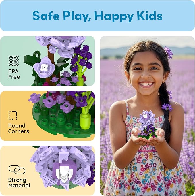 PicassoTiles 118pc Flower Garden Building Block Set STEM Educational Toy Kids Ages 3 and Up Creative DIY Floral Arrangement Construction Kit for Boys Girls Fun Learning Purple Dahlia Playset PBS221