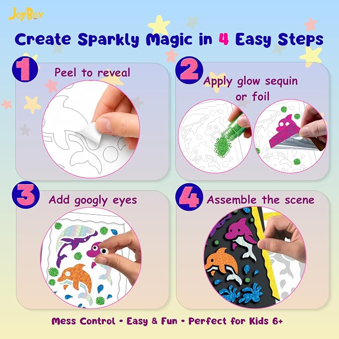 JoyBox Foil Fun–DIYKids Paper Foil Art Craft Kit for&Travel Screen-Free Fun | Birthday Party Gifts for Ages 4-9 and Up,Art Travel Toys for Boys Girls mermaid themes! includes glow‑in‑the‑dark sequins