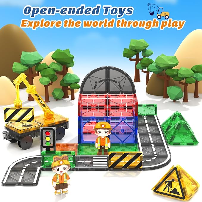 Kids Games Magnetic Tiles Road Set with Extendable Crane Magnetic Blocks | City Construction Building Toys for Toddlers STEM Preschool Ages 4-6 5-7, Gifts for 3+ Year Old Boys Girls Kids Toys with Car