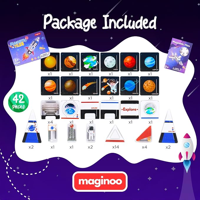 42 Pcs Mini Magnetic Tiles Space Rocket Toys, STEM Building Blocks | STEM construction set with iron travel storage box. Fun birthday gift for kids, boys and girls, ages 3-8.