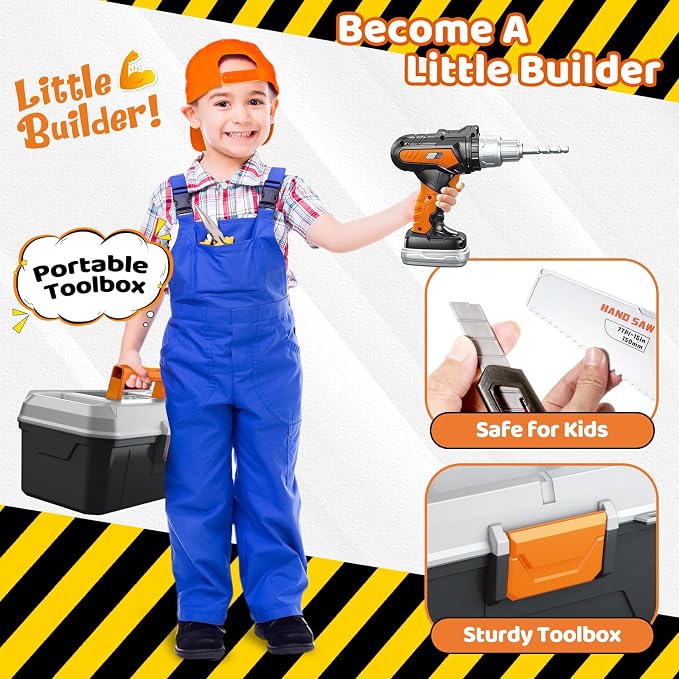 Kids Tool Set, Toddler Tool Box, Toy Drill, Construction Toys for Ages 3-5 | 46 Pcs Kids Toy Tools Kits for Toddlers Pretend Role Play, Christmas Birthday Gifts for Boys Girls Ages 3 4 5 6 7 8, Orange