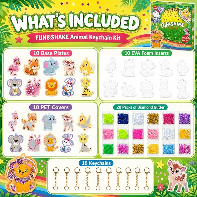 DIY Glitter Craft Kit with Keychains - Mess-Free Arts and Crafts for Kids Ages 4-8, Fun Shake-It Activity, Creative Travel Toys, Party Favors & Birthday Gifts for Girls 4-9